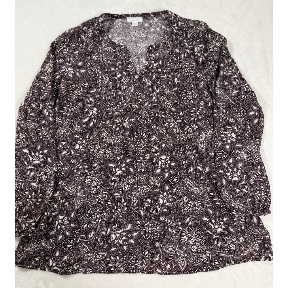 Pure Jill Blouse XS Brown Paisley Boho Peasant Top V Neck Rayon Womens